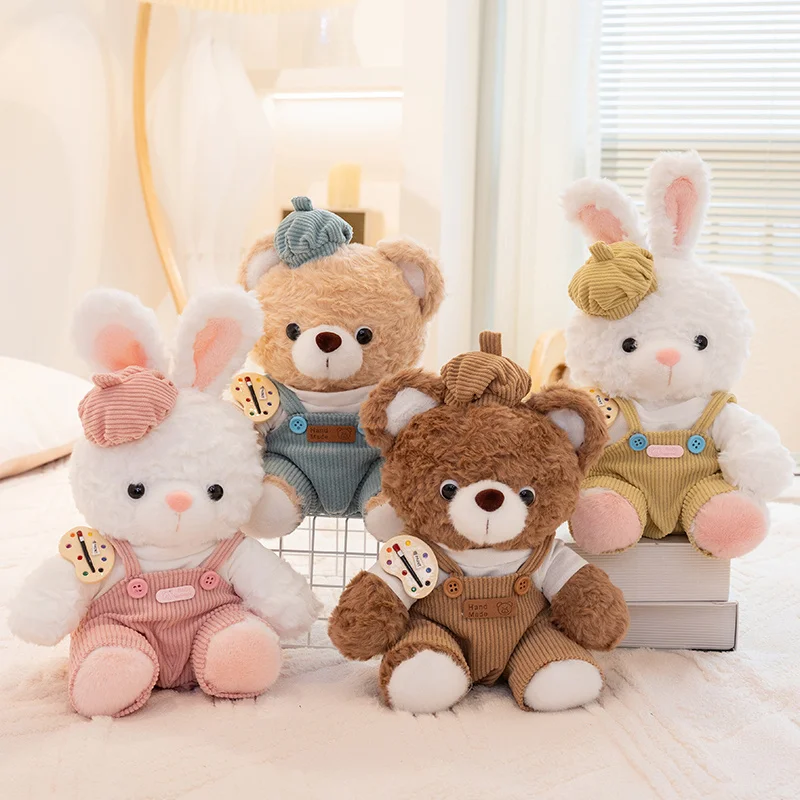 Wholesale With Hats Bear Wear Clothes Plush Toys Overall Fluffy Bunny Soft Stuffed Toys Handmade Cartoon Rabbit Stuffed Animal