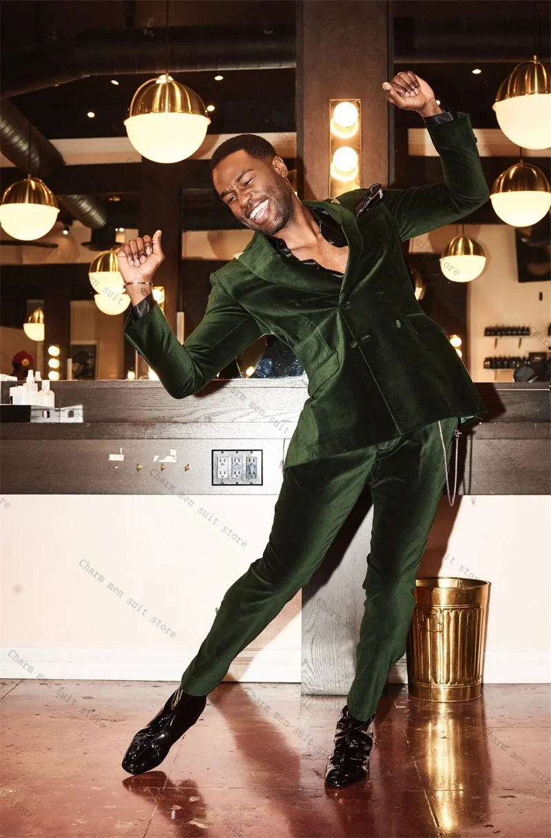 

Velvet Green Men Suit Set 2 Piece Blazer+Pants Trousers Autumn Fall Customized Formal Office Jacket Wedding Tuxedos Prom Coat
