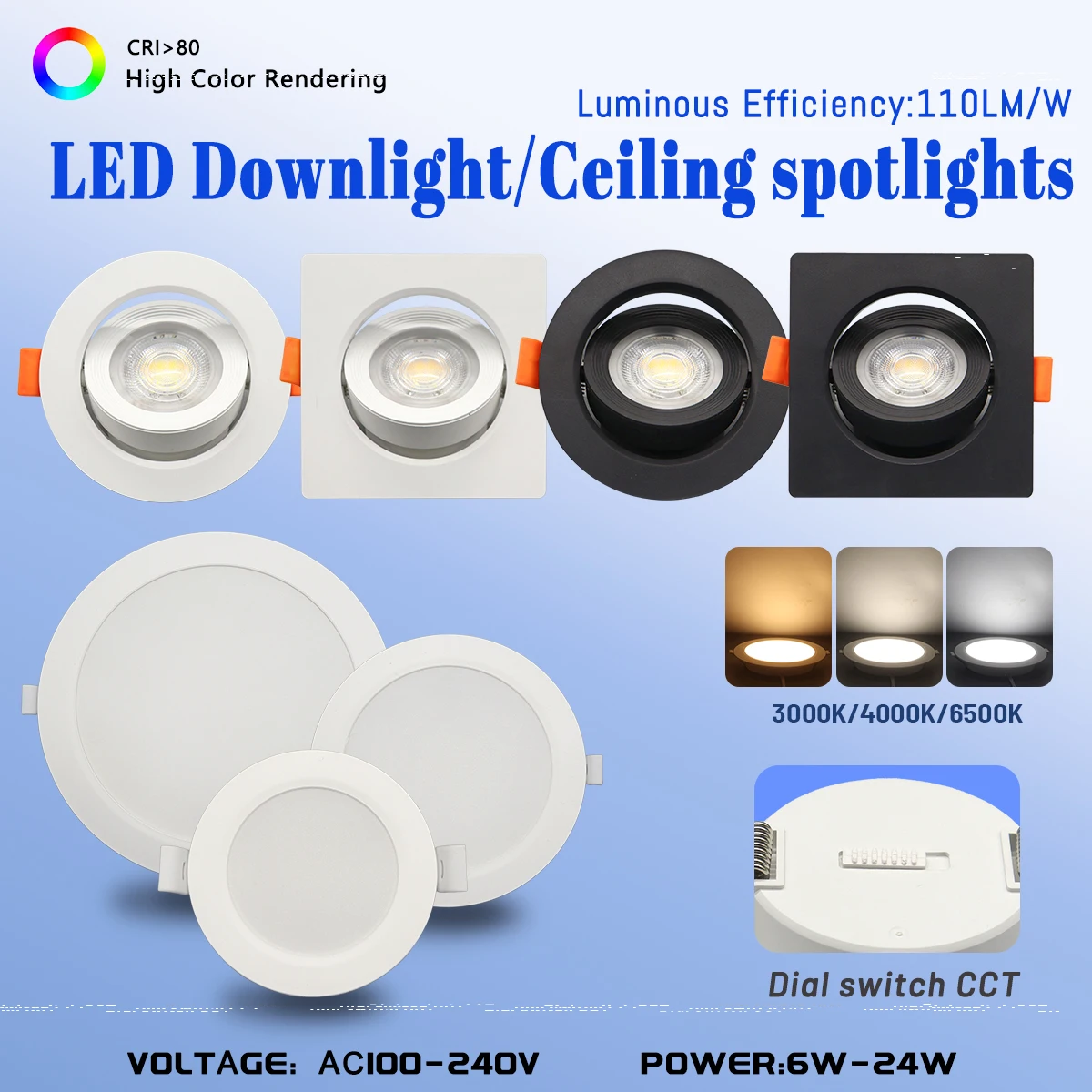 4pcs Recessed LED Spot Llight Dial Swich CCT Downlight 3 Color Adjusted AC100-240V 3000K/4000K/6500K Ceiling Indoor Lighting