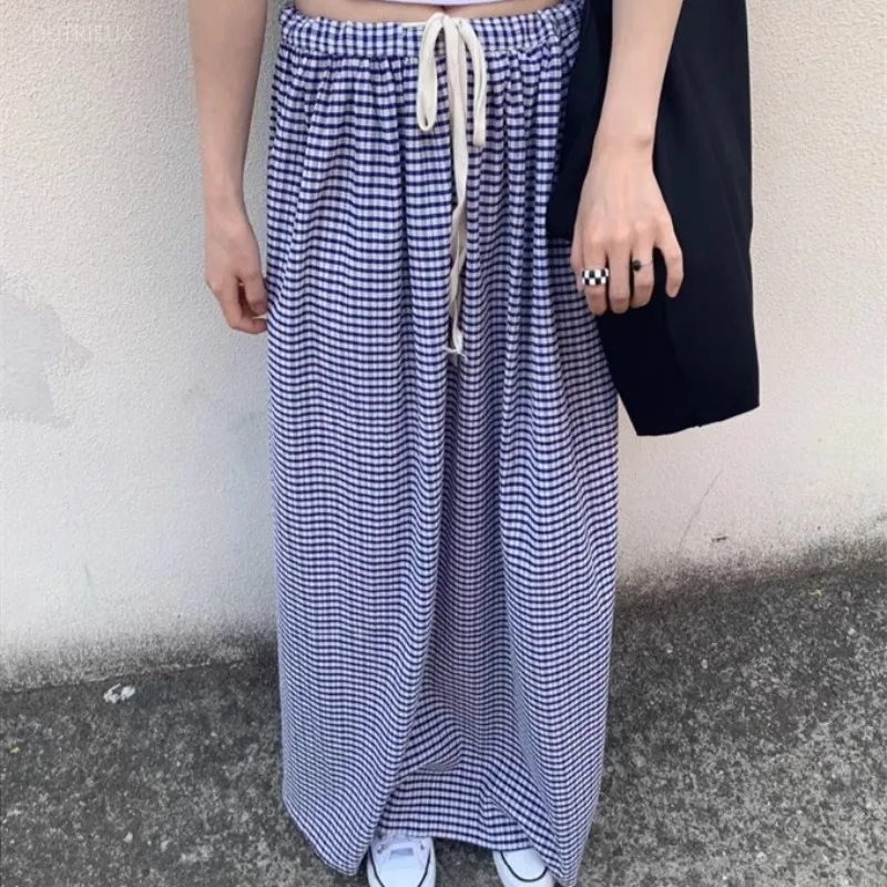Plaid Skirts Women Korean Fashion Spring Summer Simple Casual Faldas Mujer Vintage Drawstring Elegant Long Skirt