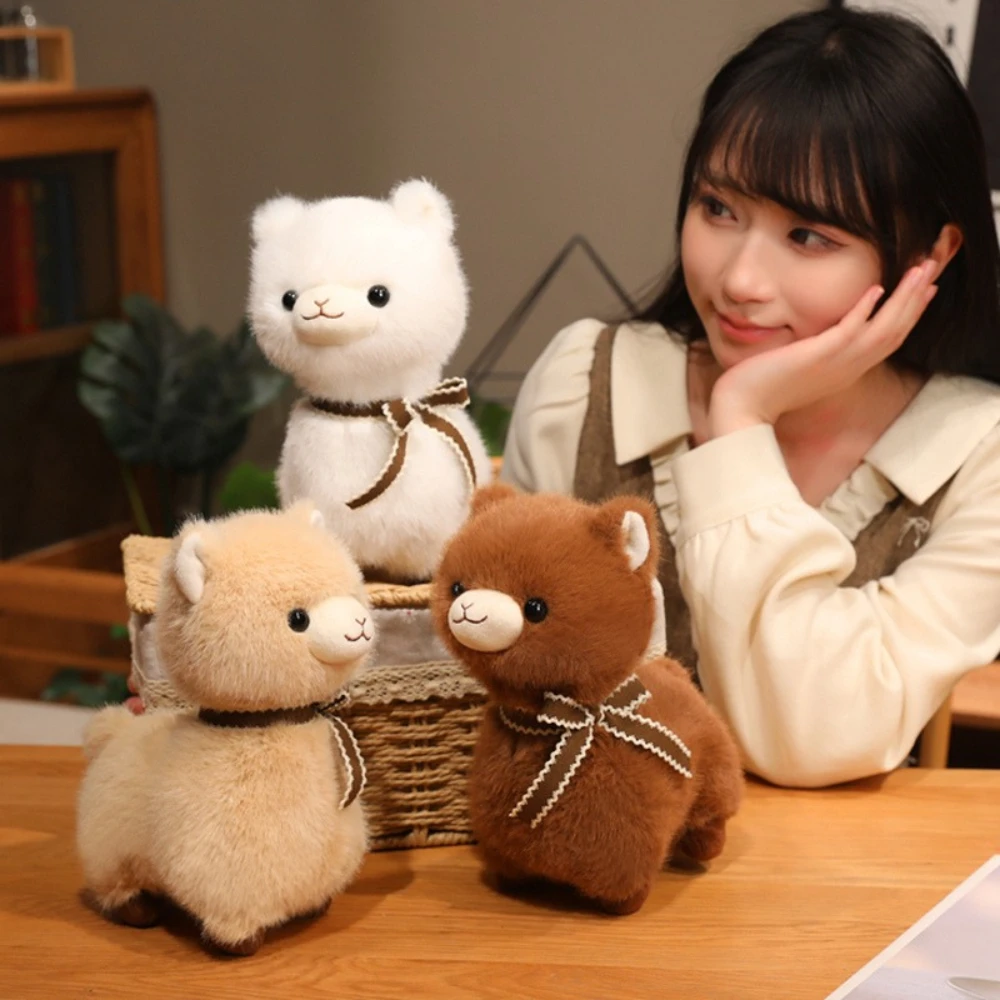 

24CM Cute Fluffy Alpaca Plush Toy with Bowknot Soft Stuffed Animal Doll for Kids Birthday Gift Home Decor