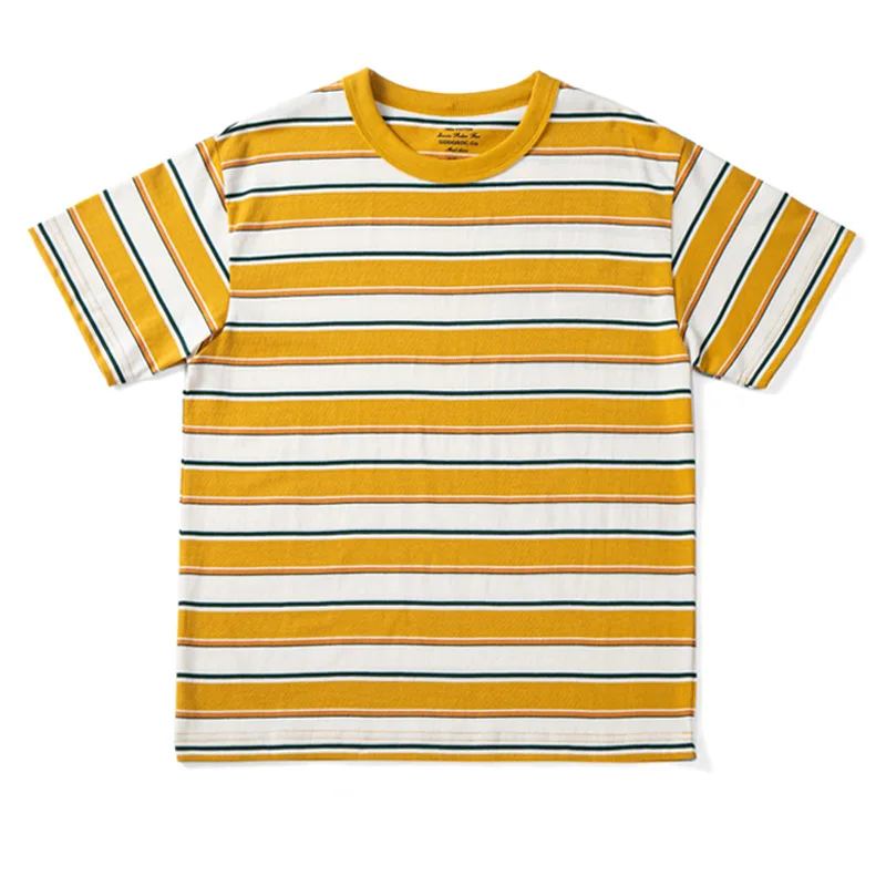 

GDDQSDC 50s pure cotton American retro striped casual round neck T-shirt vintage men and women short sleeve summer