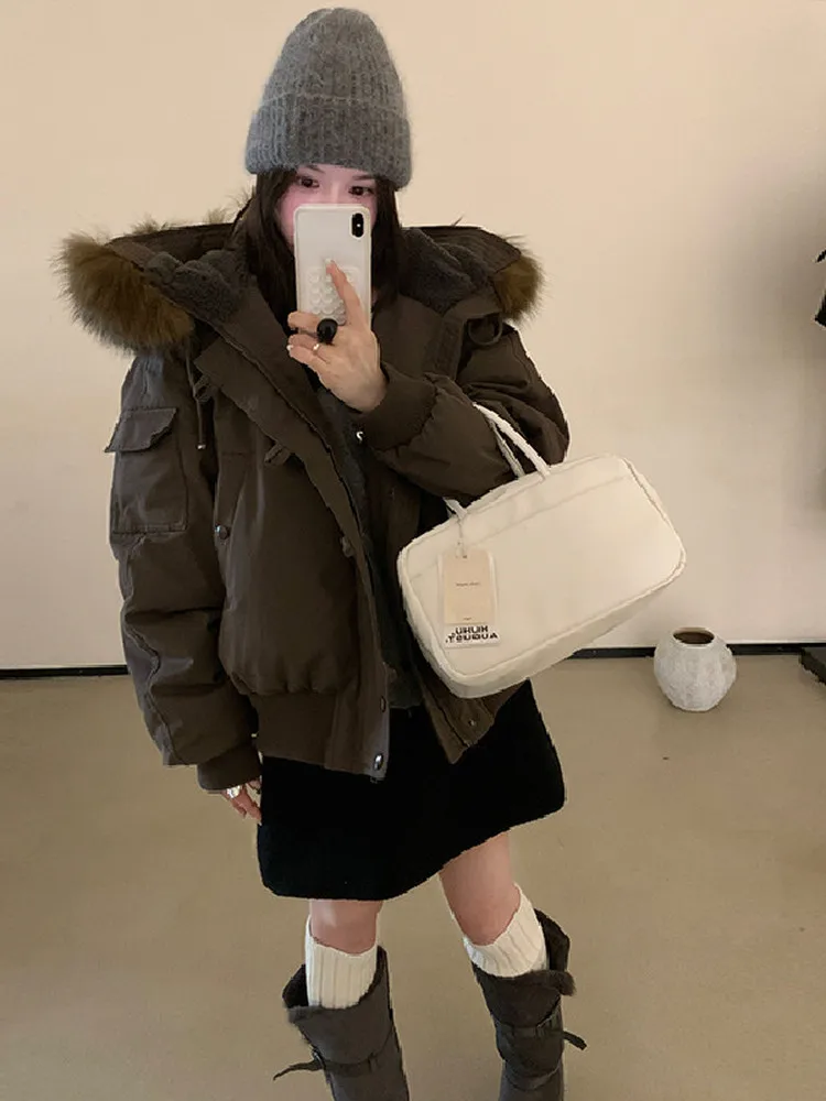 معطف بقلنسوة كوري منتفخ للنساء من Warmth مع ياقة من الفرو بتصميم Utili ket معطف Thiened Du down