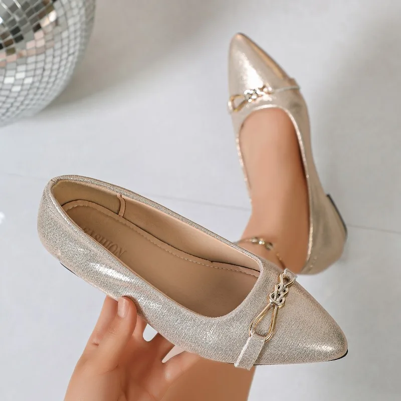 2026 New Glitter Pointed Toe Casual Low Heel Women Lolita Shoes Spring Autumn Fashion Metal Decor Solid Comfort Single Shoes