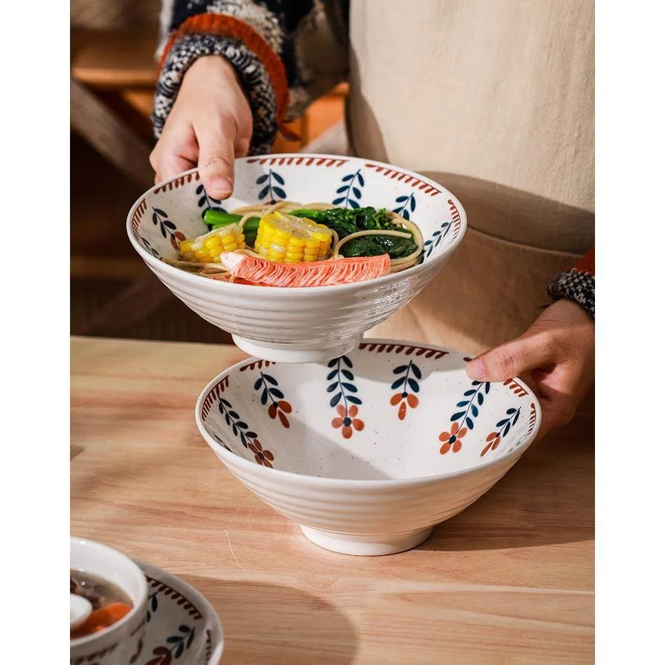 Tazón Japonés Retro de Cerámica con Color Subesmaltado, Tazón Grande para Sopa, Fideos y Ensaladas, Tazón Tipo Trompeta para Restaurante y Uso Doméstico, Tazón de Porcelana Esmaltada