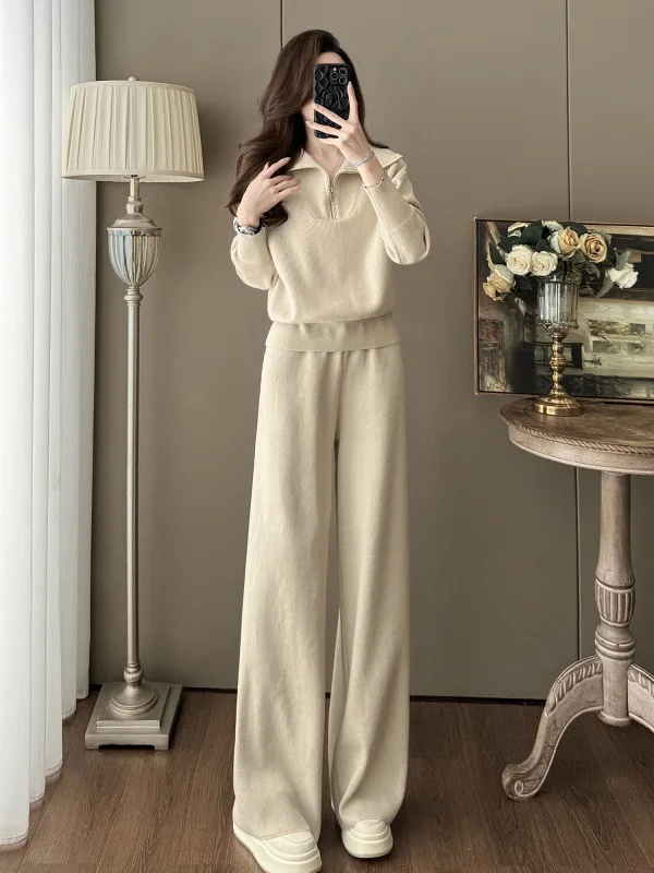 

Spring Fashion Anti-Aging Casual Sports Set Women Elegant Short Sleeve Long Sleeve Top Wide Leg Pants Two-Piece Set