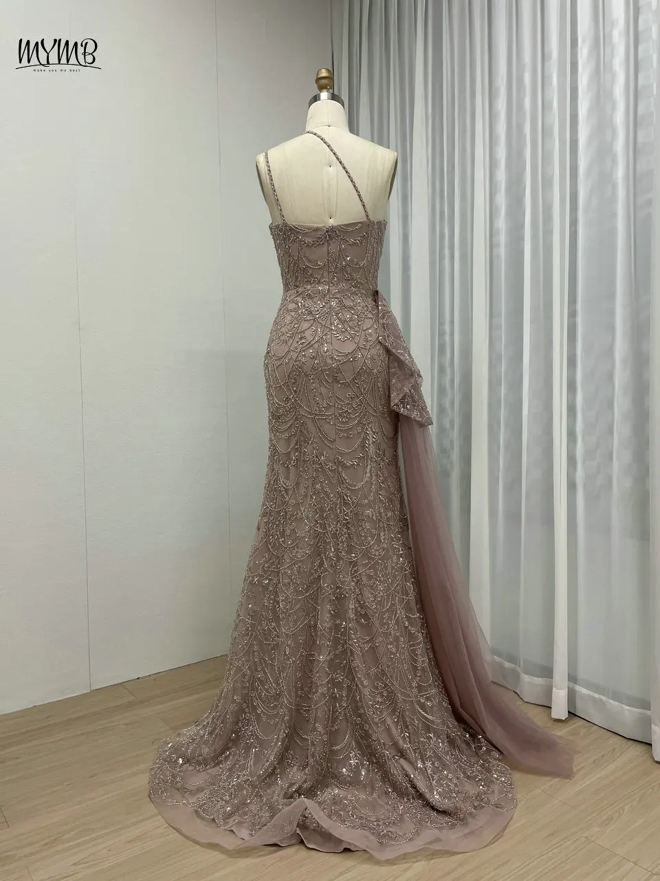 MYMB-vestido formal de noite com fenda alta com um ombro, vestido sereia luxuoso, vestido de baile, trem lateral, fenda, cinta de espaguete, frisado, rosa