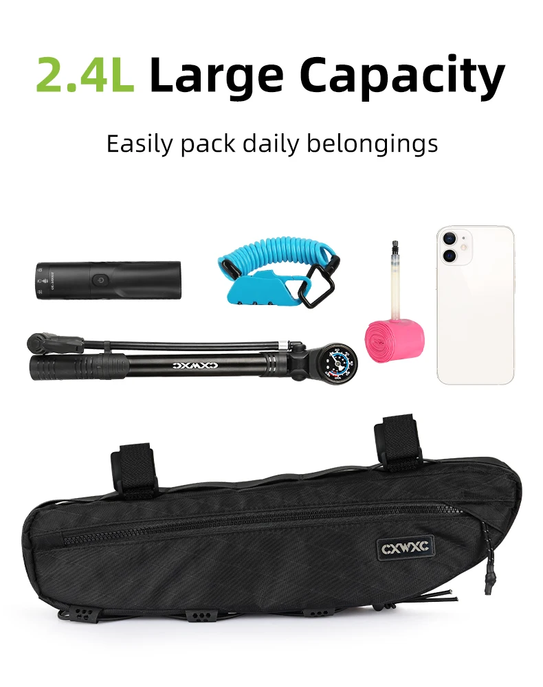 CXWXC Fahrrad-Rahmentasche, 2,4 l, großes Fassungsvermögen, Fahrrad-Unterrohrtasche, dreieckige Tasche, doppelseitiger Reißverschluss mit Bodenbindungssystem – Detail 3