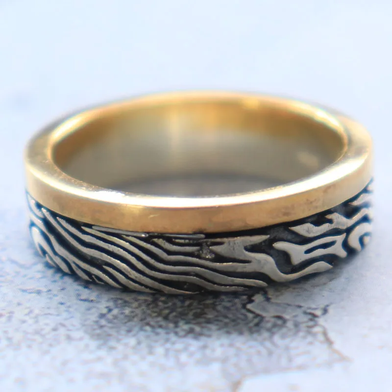 Cincin Kawin Motif Damask Mokume Gane 7-10g, Emas 925 Perak Sterling Solid untuk Pasangan