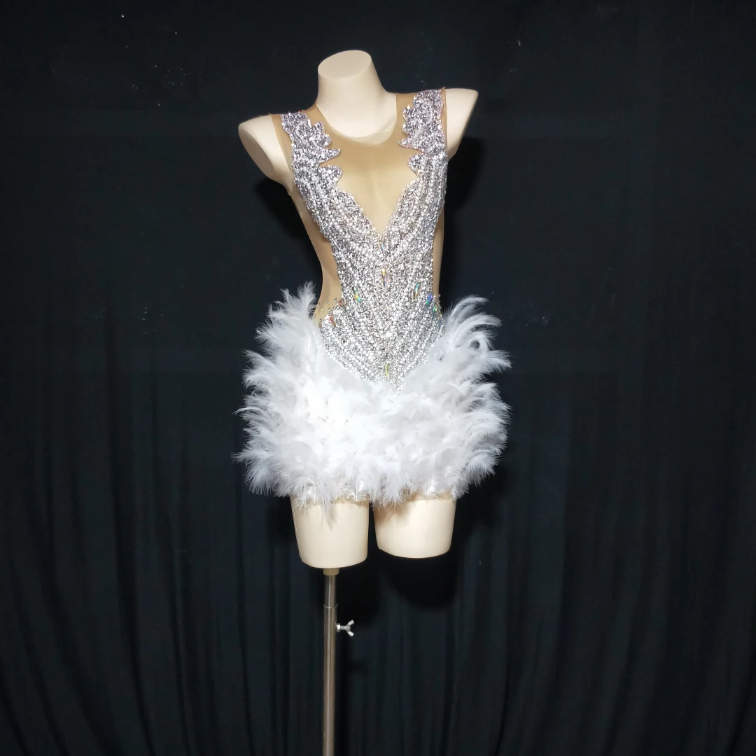

Luxury Silver Rhinestone White Feather Mini Dress Women Sleeveless Sheer Mesh Stage Performance Dance Sexy Costume Yanhuayumao