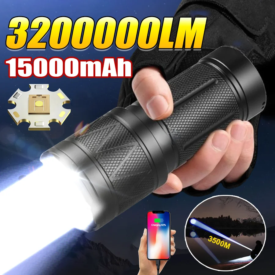 

Ultra High Brightness LED Flashlight 15000mAh Rechargeable Tactical Torch 3200000LM Powerful Zoomable Flashlight Hunting Lantren