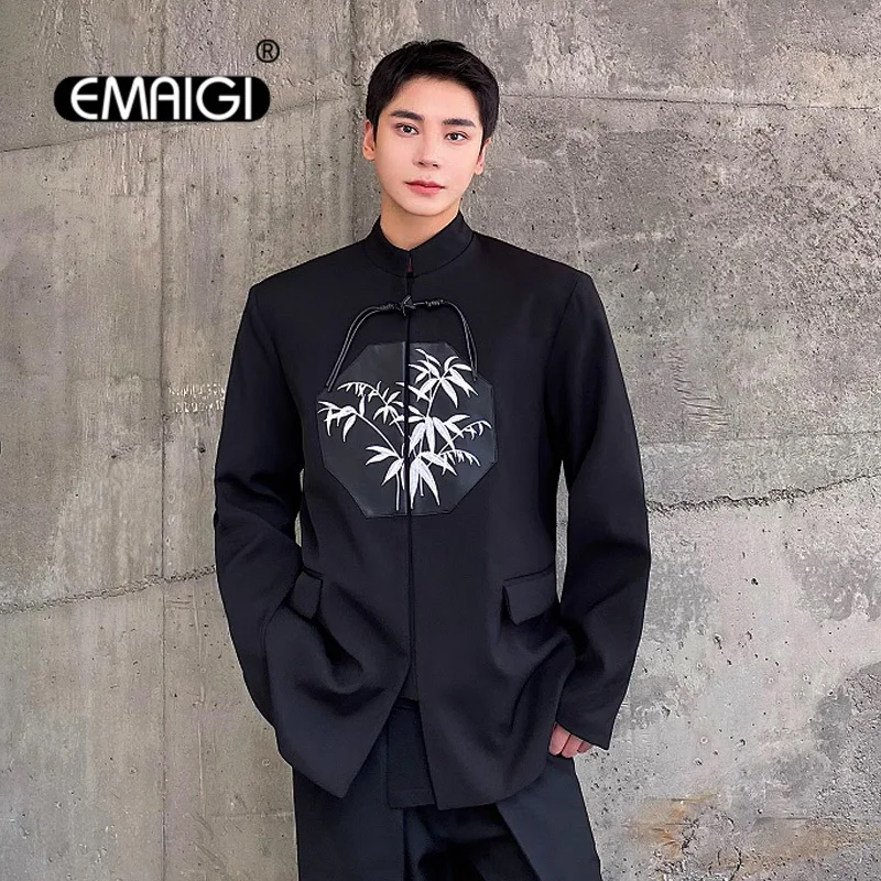 

Men Women Chinese Embroidery Bamboo Stand Collar Casual Vintage Blazer Suit Jacket Japan Streetwear Black Coat Spring Autumn