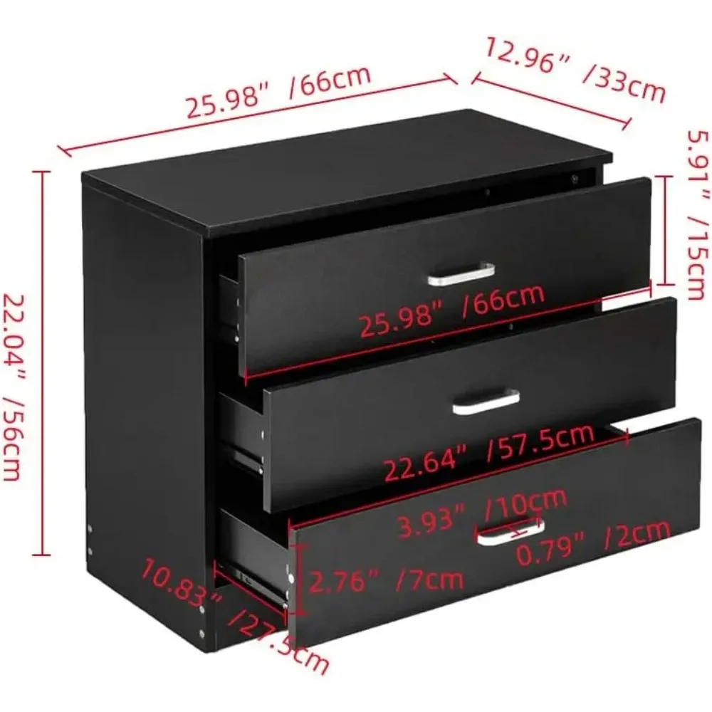 3 Drawer Dresser, Modern Storage Chest of Drawers, Wood Bedside Table Night Table for Bedroom,Living Room (Black)