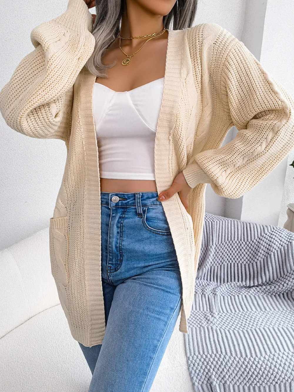 2025 Otoño Invierno mujer suéter Tops suéteres mujer linterna manga Casual bolsillo cárdigan suéter chaqueta