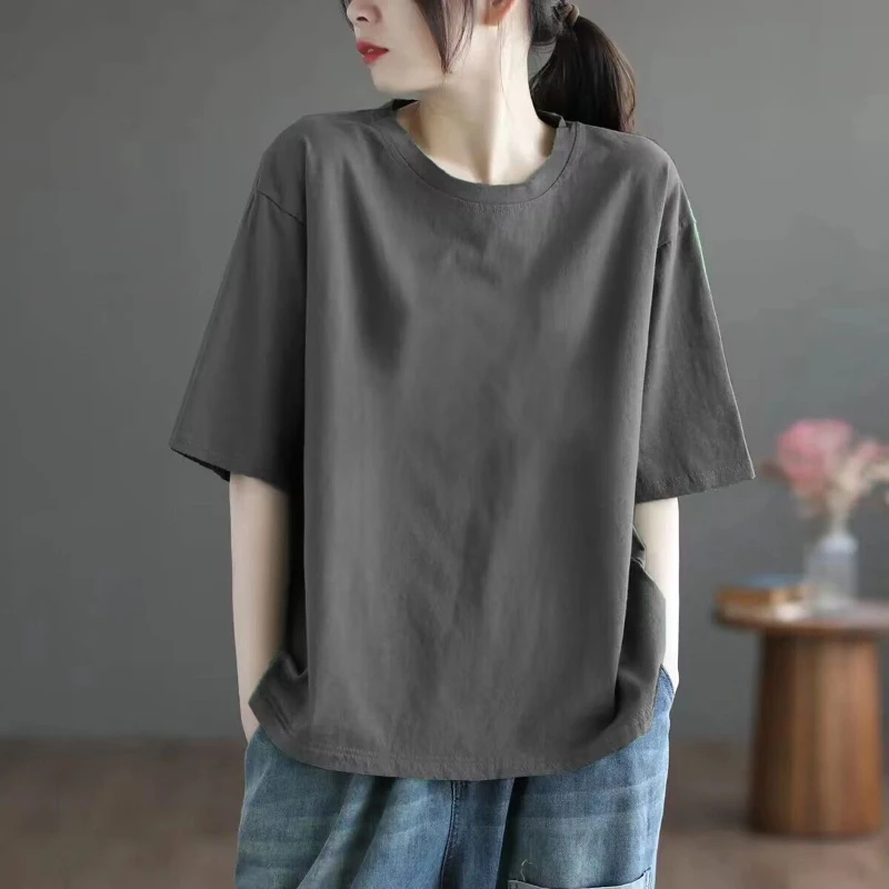 

Simplicity Plus Size Solid Street Casual Tops Summer Short Sleeve O-neck Loose Vintage T Shirts Harajuku Fashion Women Clothing