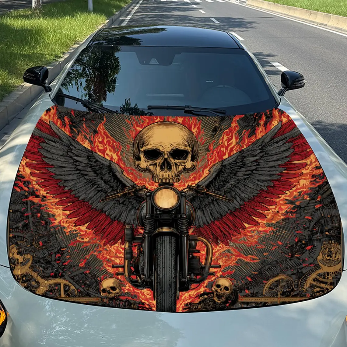 

Wing Motorcycle Skeleton Car Hood PVC Sticker, Durable Vinyl Wrap Film Suitable For Most Vehicles, Car Hood Protective Film Gift