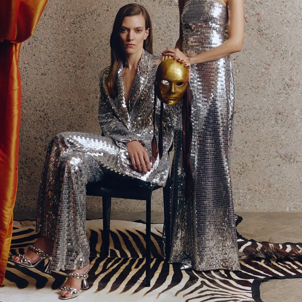 

Spring Summer New European American Star Fashion One Button Mesh Sequin Suit Women's Two-Piece Set in Stock