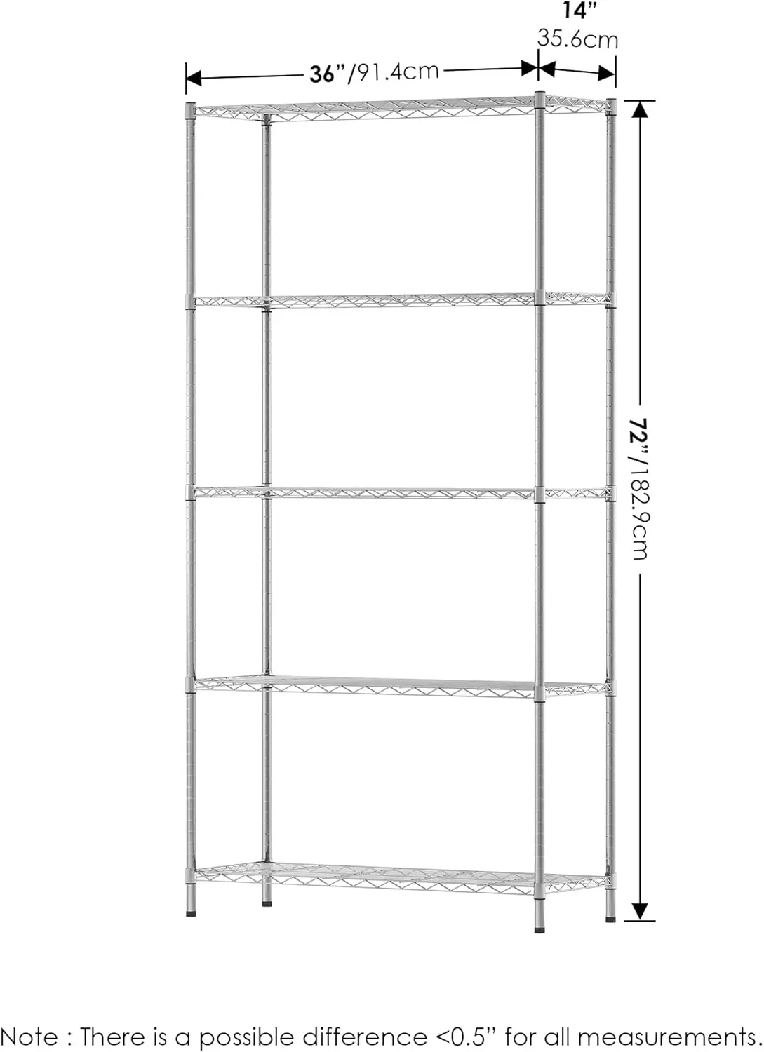 Wayar 5-Tier Metal Storage Shelf Rack, 36 x 14 x 72, Stainless Steel