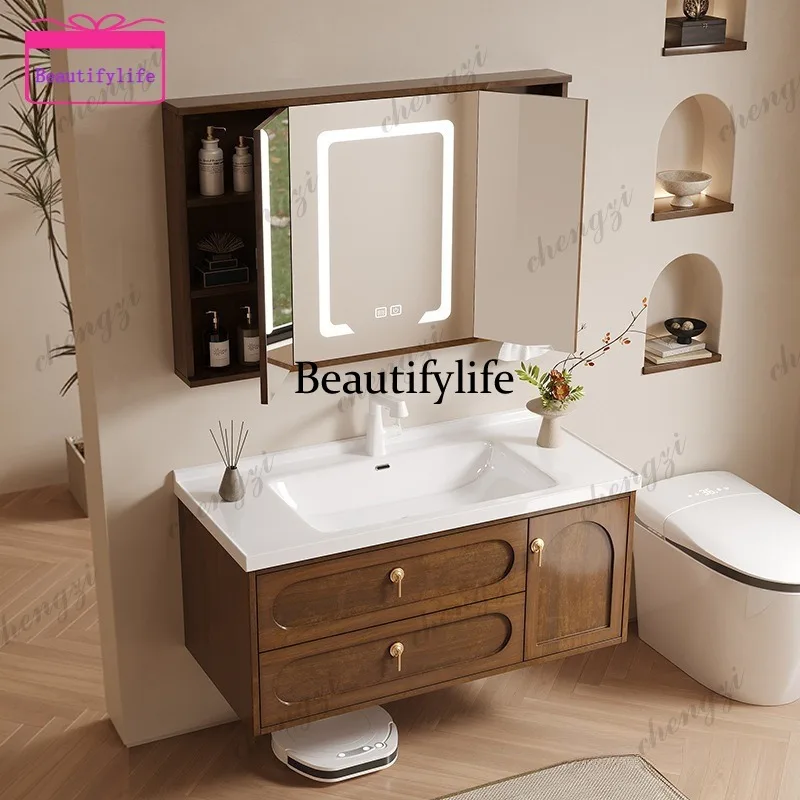 Oak antique bathroom cabinet combination Chinese bathroom ceramic integrated face wash hand basin washstand  a17