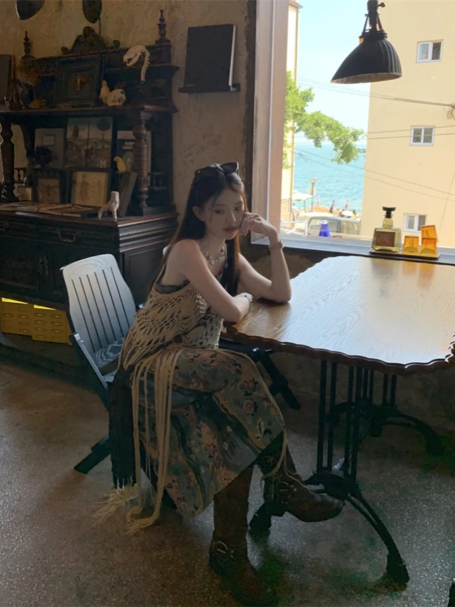 Efeito de emaecimento verão novo estilo tema de férias vestido f moda borla oco tecelagem camadas material de seda s...