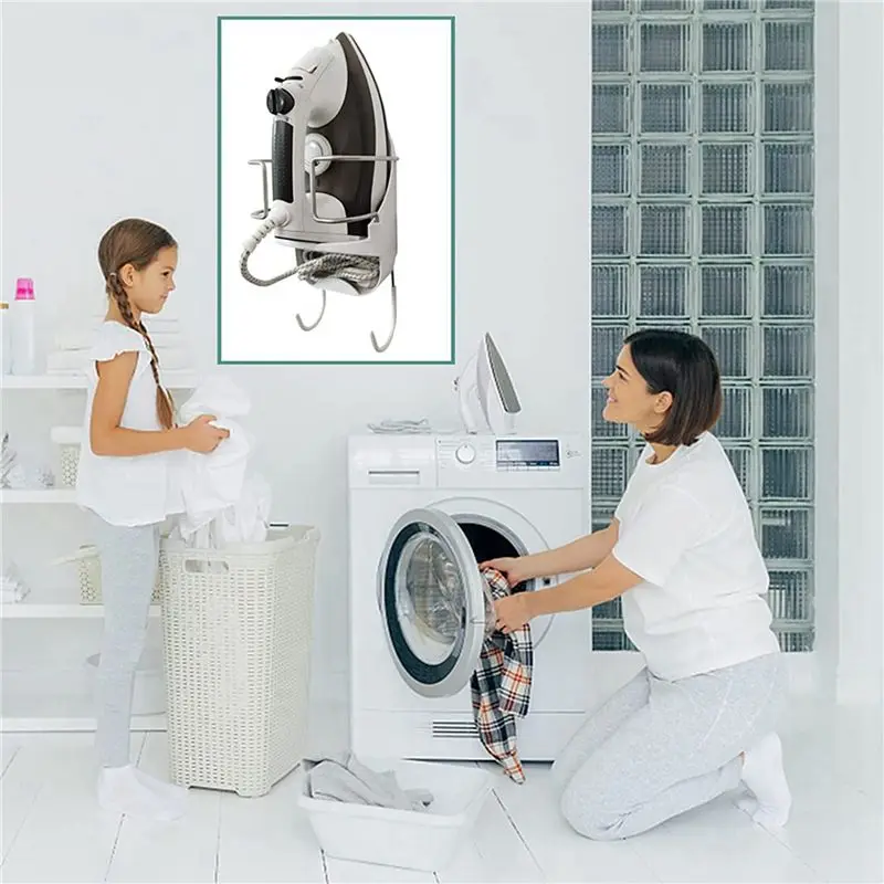 THIVN-2X Iron Board Hanger Wall Mount Electric Iron Holder Iron And Ironing Board Storage Shelf With Removable Hooks -2