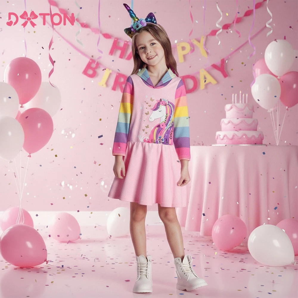

DXTON Winter Girls Hoodies Dresses Unicorn Children Hooded Clothing Cartoon Rainbow Girls A-Line Dress Kids School Casual Wear