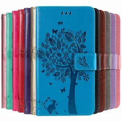 Wallet Case For  Huawei P Smart 2018 2019 2020 2021 P8 P9 P20 P30 P40 Lite Pro 2017 Cute Cat Tree Card Slots Protect Cover D06F