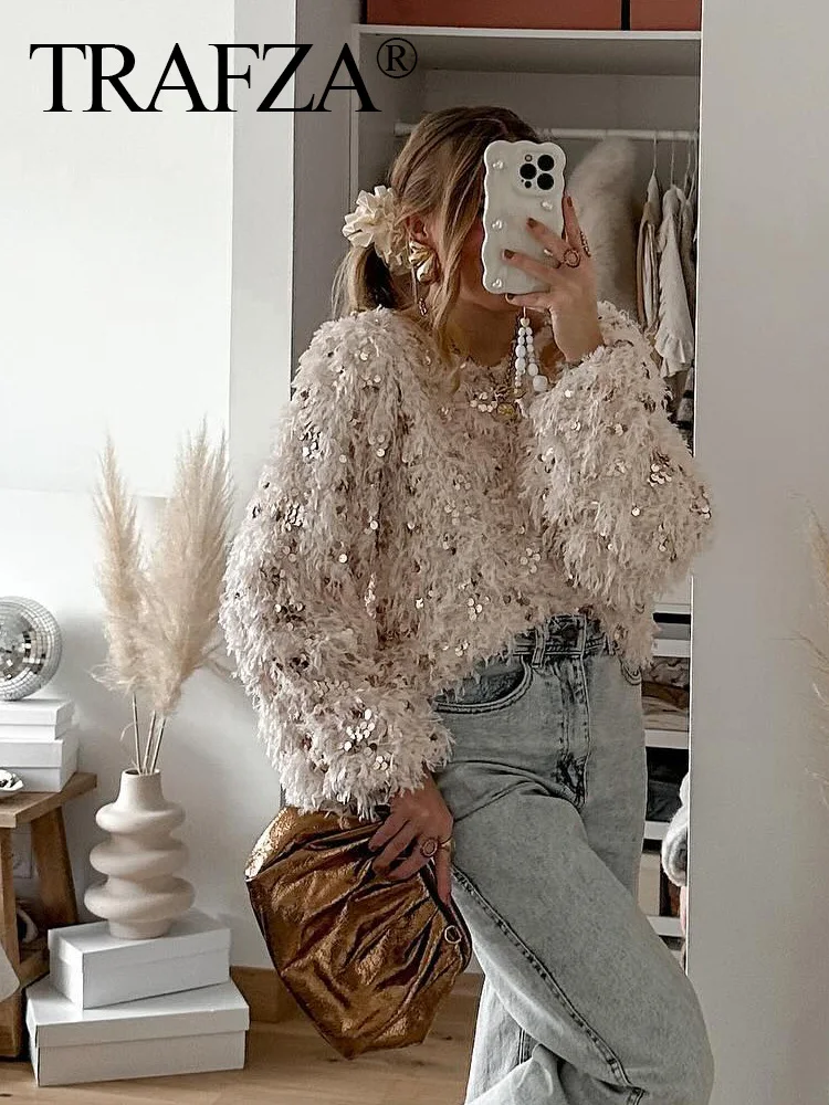 TRAFZA Woman Loose Casual Sweater Feather Sequins Decorated Coat 2024 Autumn Women V-Neck Long Sleeve Slim Pullover Top Mujer