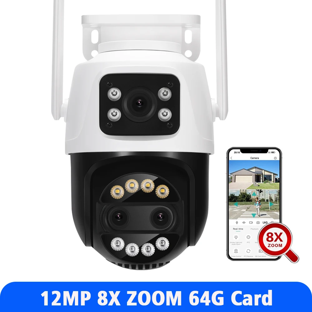 Beveiligingscamera, 8MP 4K PTZ wifi-camera met dubbele lens, schermen