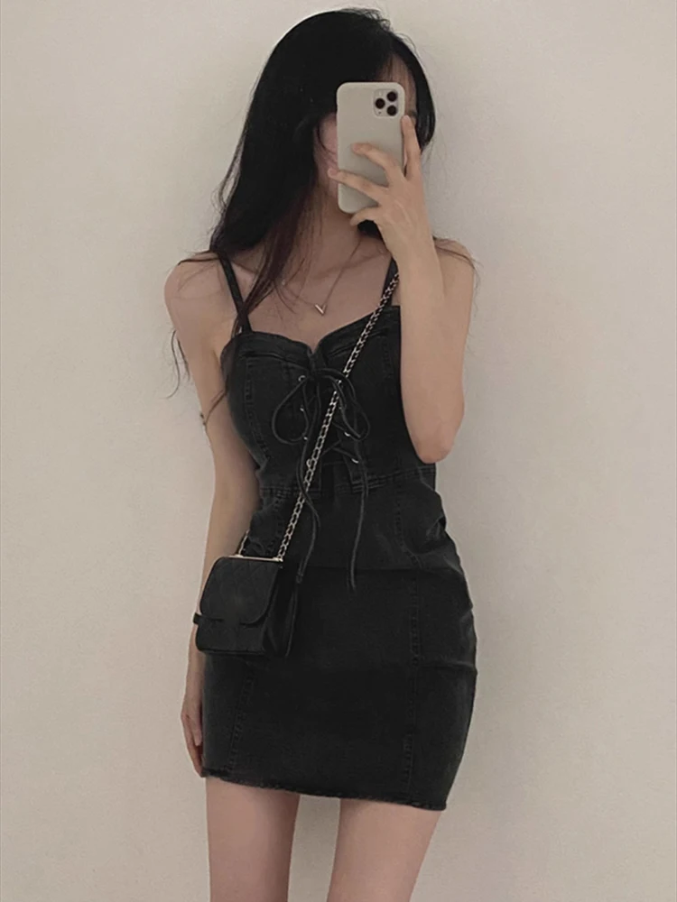 Sexy Black Vestidos De Mujer Summer Dress Y2k Vintage Lace Up Suspender Denim Dresses for Women 2024 Robe Femme Korean Mini