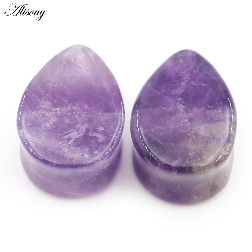 Alisouy 2pcs Natural Stone Flat Surface Water Drop Ear Plugs Tunnels Expander Stretcher Ear Earring Gauges Body Piercing Jewelry