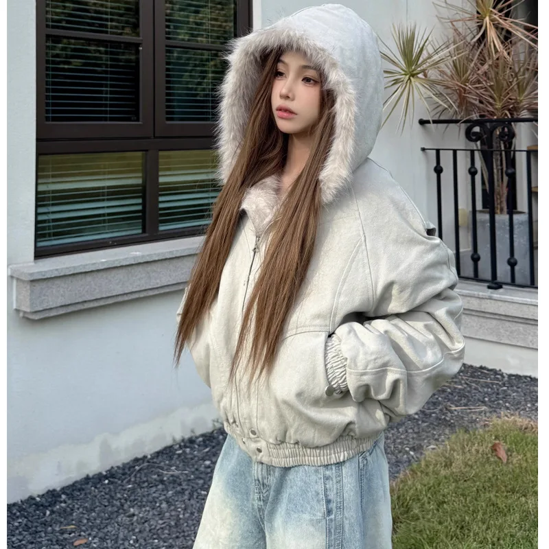 

thicken hooded fur collar cotton-padded jacket Women's American style autumn winter fluffy Parka fashionable elegance casual