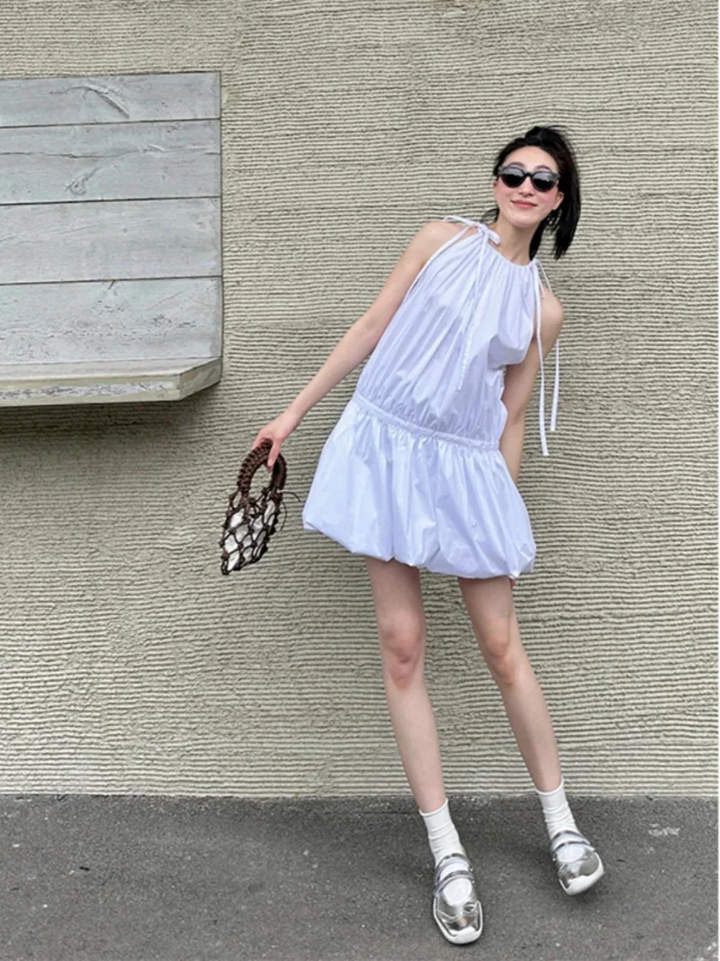 

Korean Fashionable and Stylish Slimming Pleated Dress 2024 Women's Summer Lace Up Off Shoulder Flower Bud Short Dresses