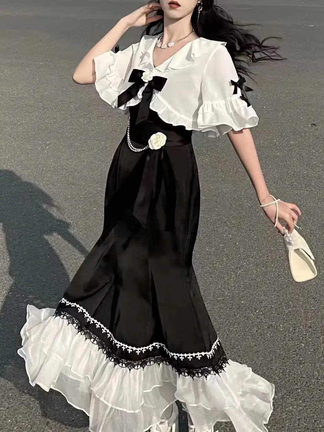 

French Vintage Fairy Dress Women Lace Korean 2 Piece Dress Set Female 2023 Summer Kawaii Clothing Lolita Midi Dress Even Party