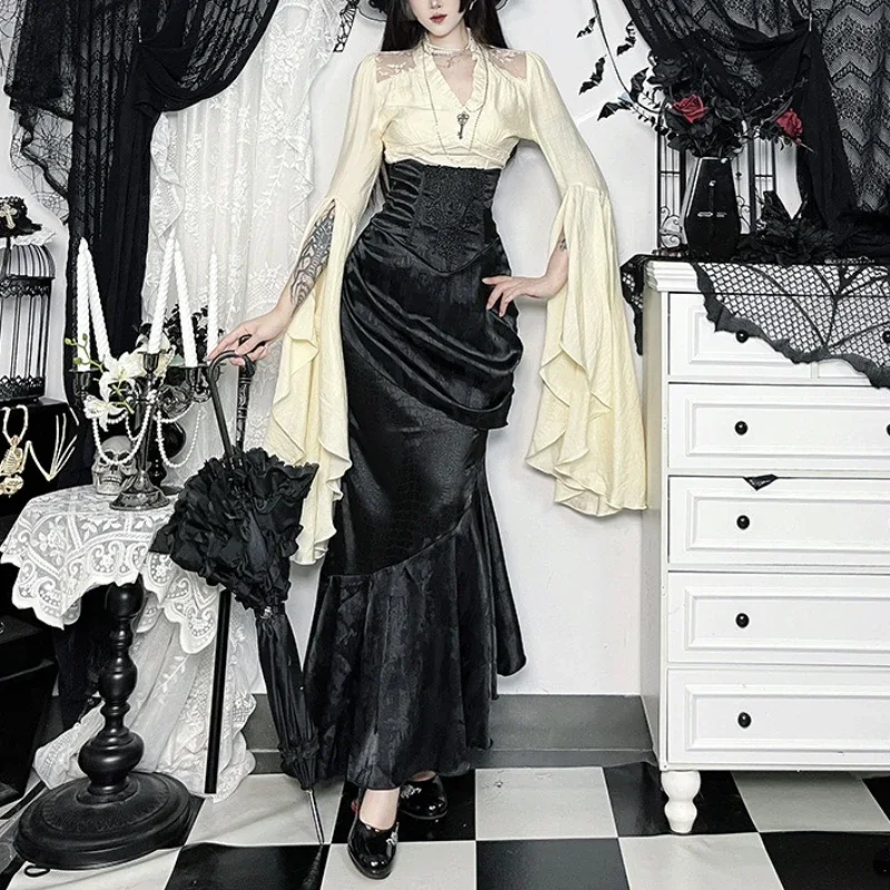 Faldas de sirena de cintura alta elegantes francesas, nueva falda gótica Sexy negra ajustada, falda larga Irregular Vinatge de estilo oscuro para mujer 2025