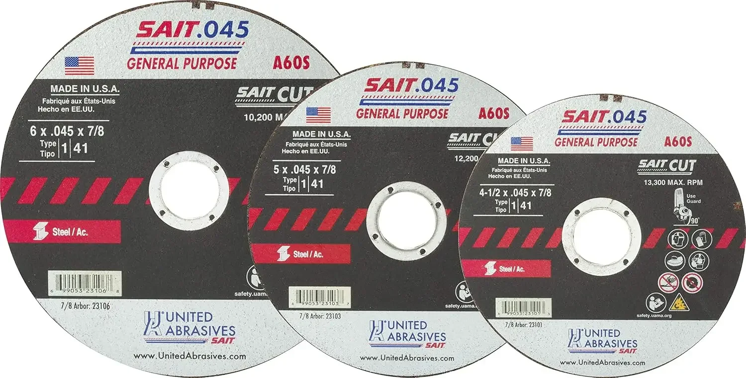 SAIT 23101 A60S, pemotong roda untuk tujuan umum (tipe 1/tipe 41 datar) 4 1/2 "x .045" x 7/8 ", 50-Pack