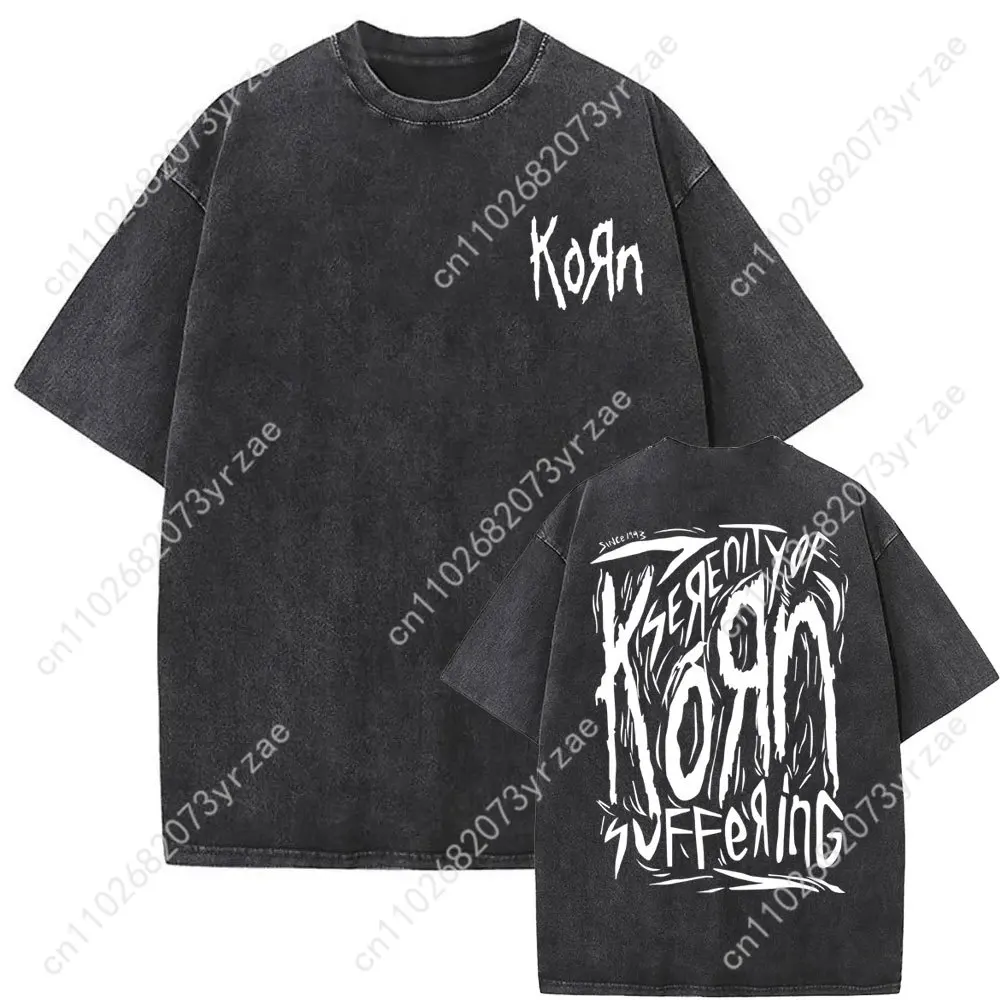 Korn Rock Band  Retro Wash Tshirt Man Woman High Quality Vintage T Shirt Fashion Cotton Short Sleeves Soft Breathable Tops