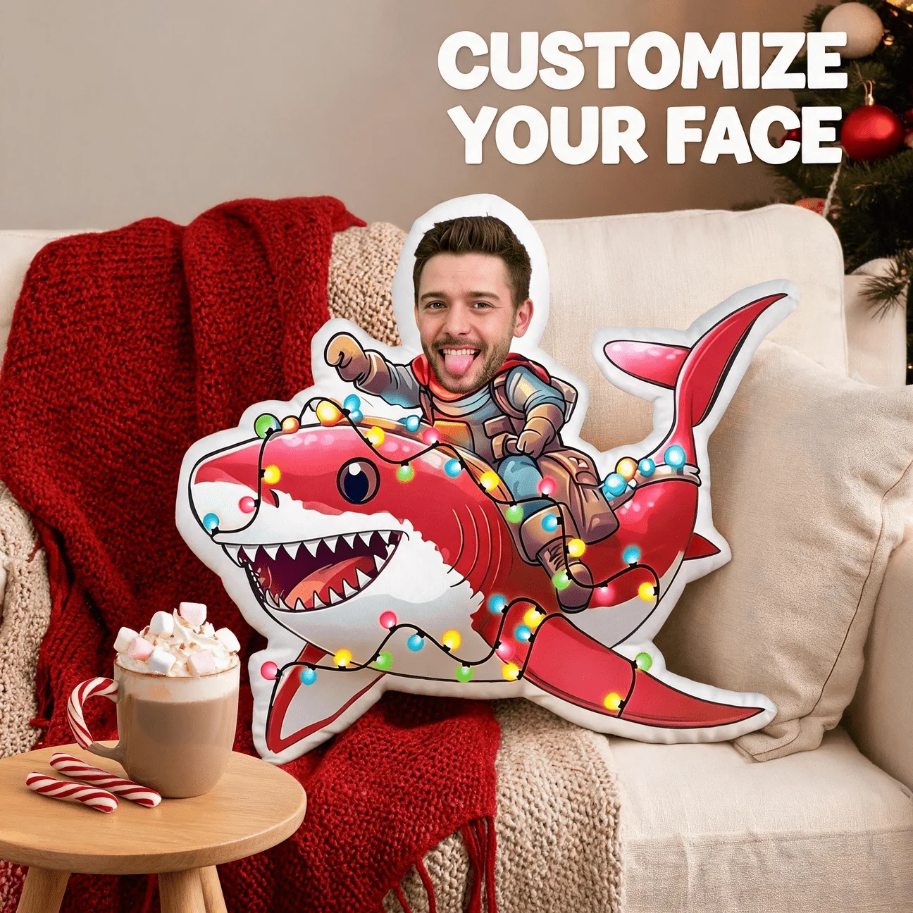 Custom Funny Face-Shaped Pillow, Personalized Photo Man Riding Red Shark with Lights Decorative Cushion, Hilarious Gift for Frie