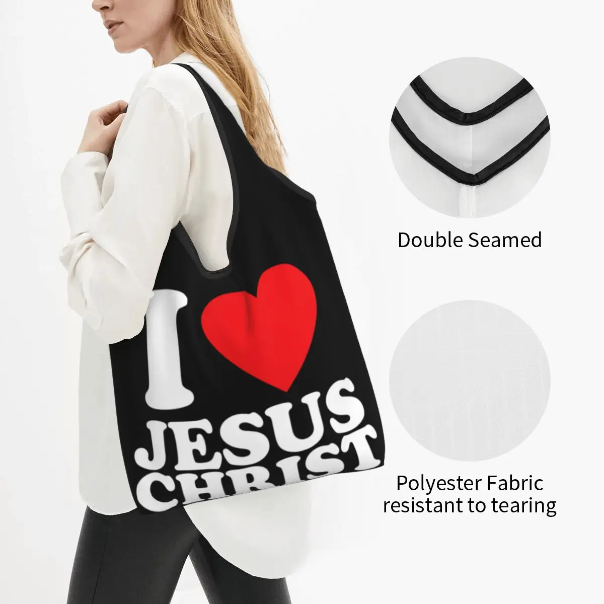 I Love Jesus Christ Grocery Shopping Bags Kawaii Shopper Tote Shoulder Bag Big Capacity Portable Christmas Catholic Handbag