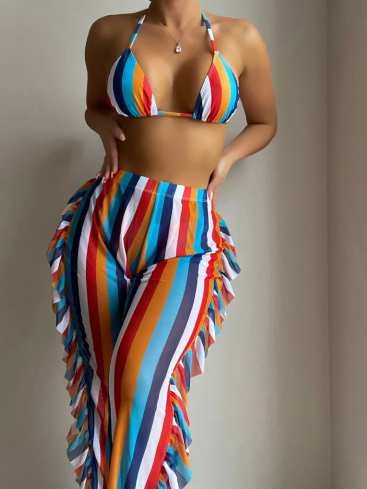 

2024 Beach Style Women Bikini Sets Sexy Swimsuits Colorful Striped Halter Padded Bra Bottoms Ruffles Cover-Ups Pant Bathing Suit