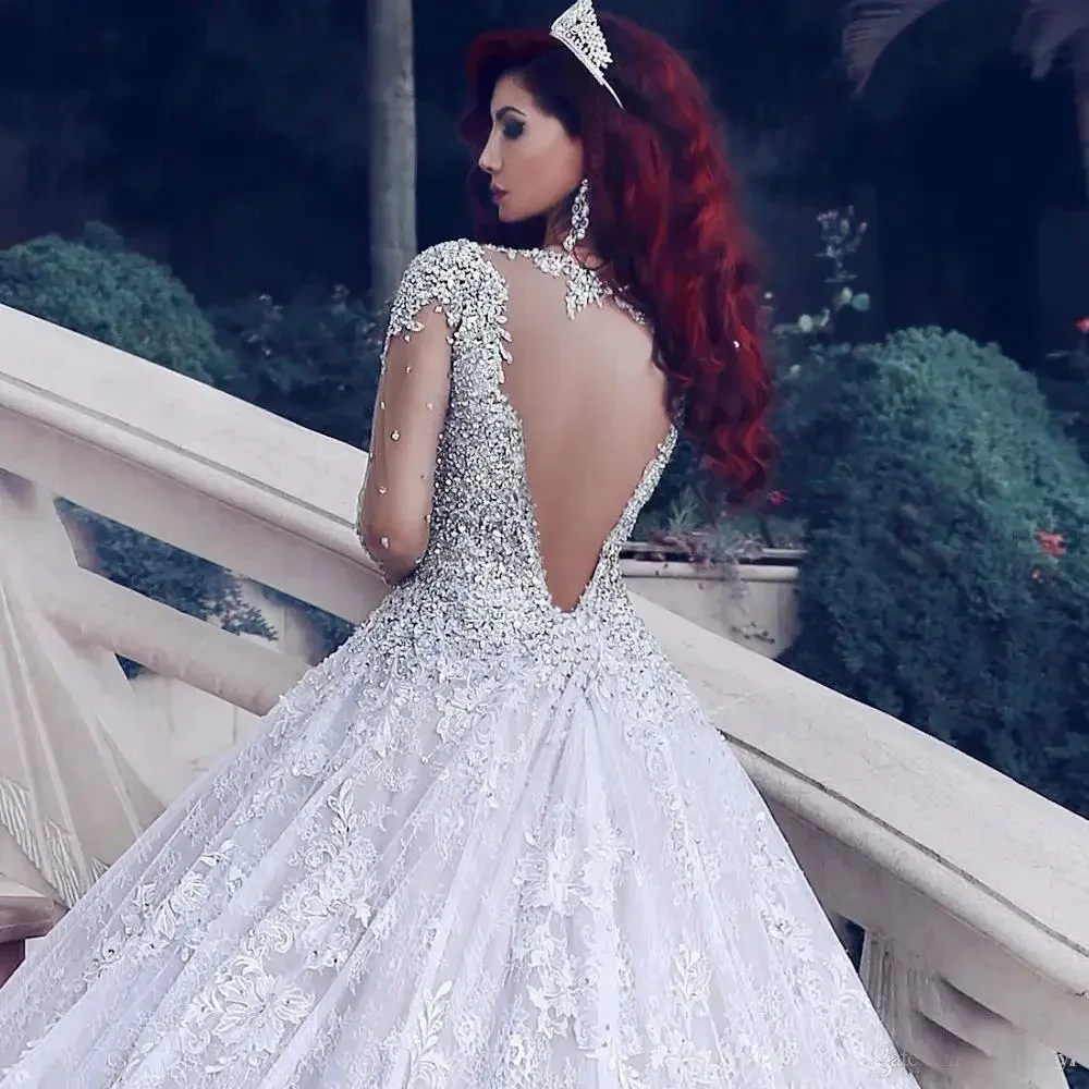 High-end Customized Rhinestone Heavy Beaded Wedding Gowns Handmade Crystal Ball Gown Arab Custom Made Wedding Dresses ﻿