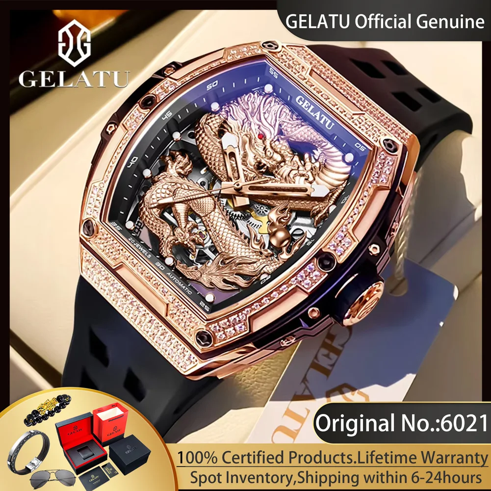 GELATU 6021 Tonneau Dragon Watches for Men Silicone Strap Diamond Inlaid Luxury Brand Original Automatic Mechanical Wristwatches