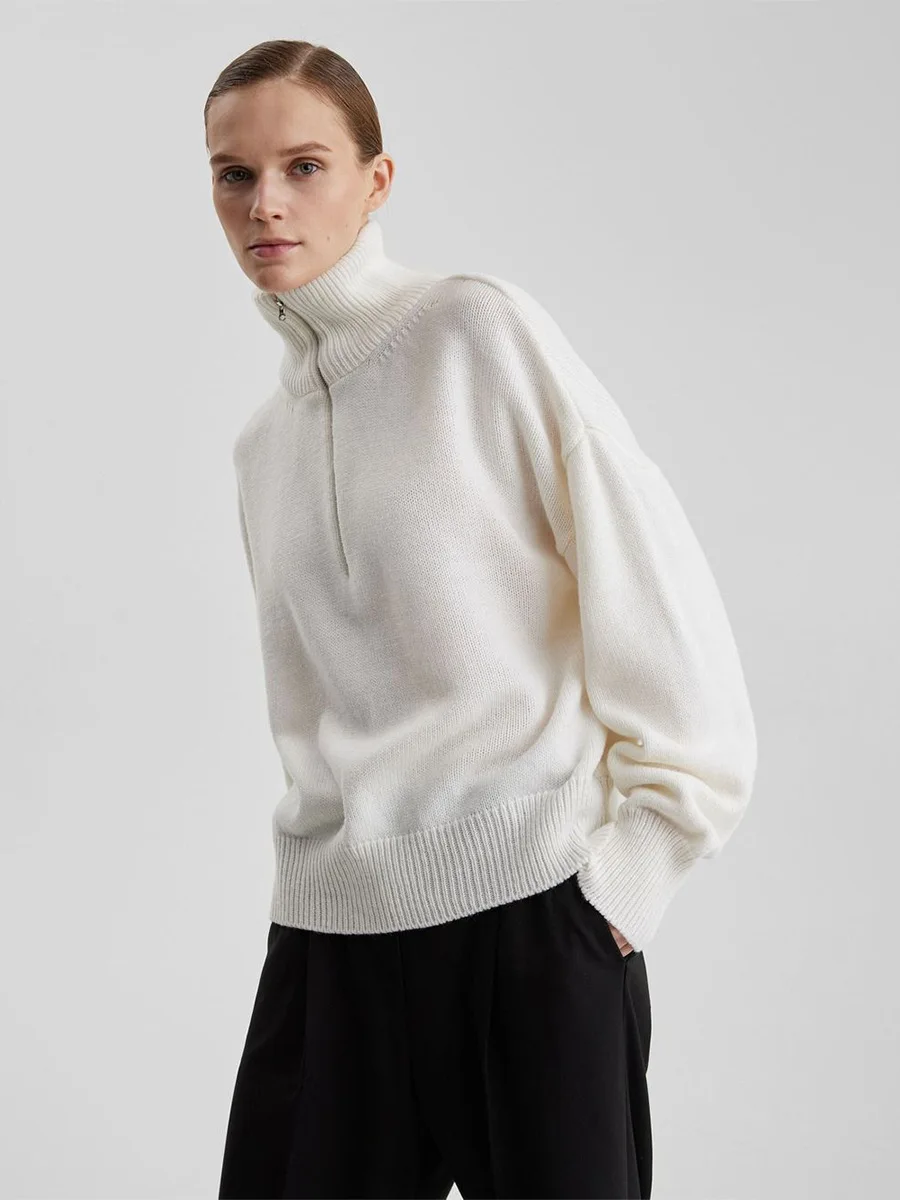 Women's Pullovers Solid White Stand Up Collar Half  Zip Sweaters Loose Fit Casual Warm Autumn Winter Top Knit Jumpers Women