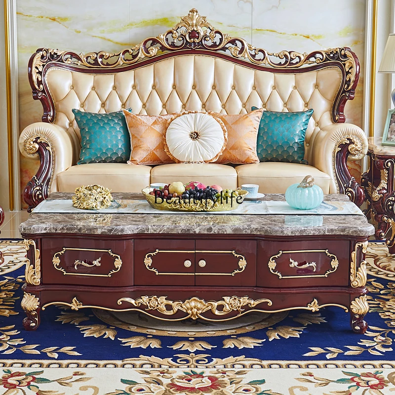 

European marble coffee table luxury full solid wood carving flower red sandalwood living room tea table