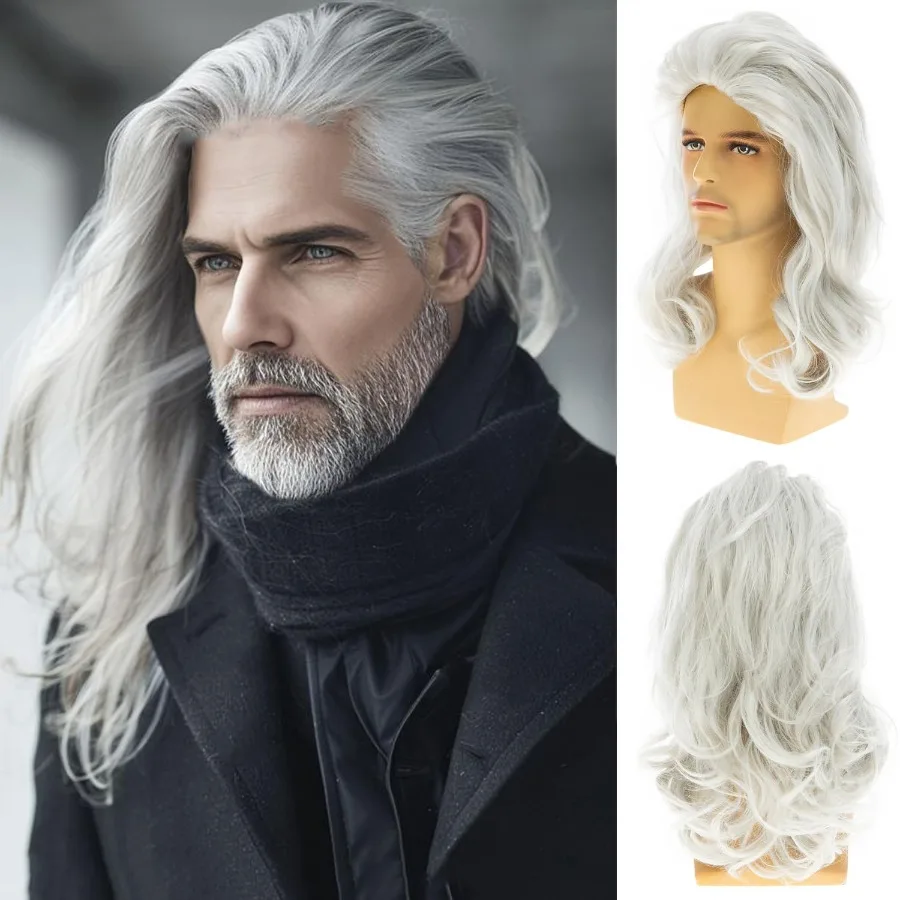 Parrucche bianche lunghe da uomo Parrucca da festa cosplay ondulata a strati sintetica perfetta per eventi in costume Temi fantasy e spettacoli teatrali