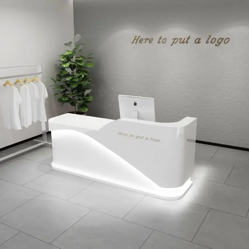 Modern minimalist lacquer company reception desk, curved clothing store, cash register, dance studio