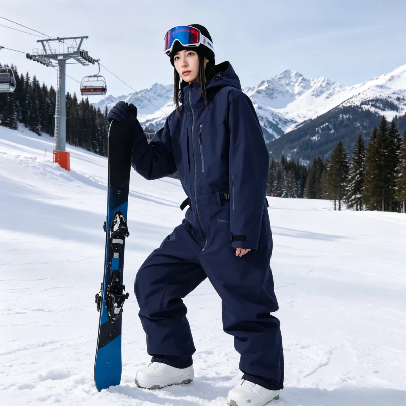 2026 New Solid Men's One Piece Suits Warm Breathable Hooded Snow Sport Waterproof Overall Zipper Pocket Adult Snowboarding Sets
