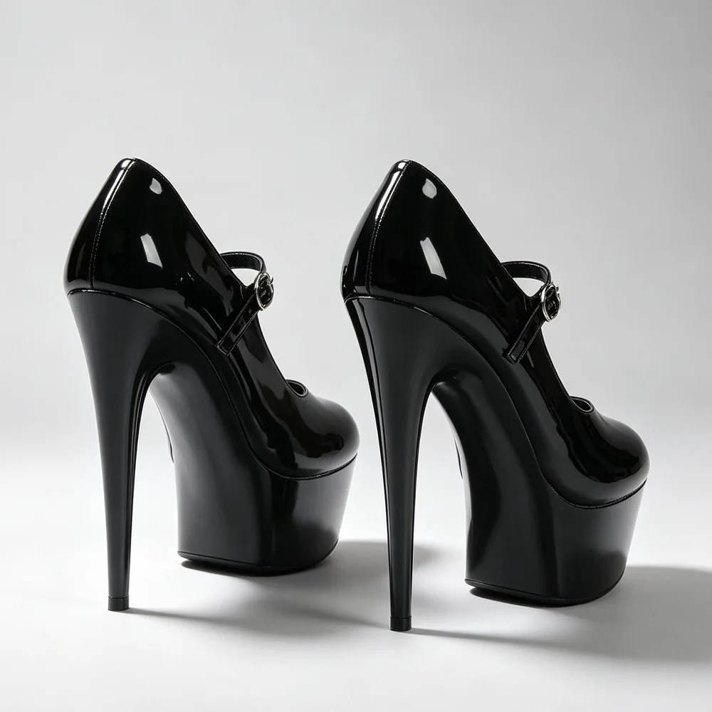Schwarze Lackleder Pole-Dance-Schuhe für Damen, High Heel Mary Jane mit Knöchelriemen, Plateau-Stilettos für Party, Club und Tänzerinnen. – Detail 4