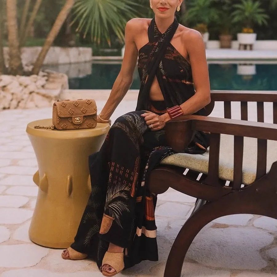 Damskie letnie komplety spodni w stylu vintage z nadrukiem, bezrękawnik z dekoltem typu halter, długie topy, proste spodnie, dwuczęściowy zestaw, streetwear, styl wakacyjny.
