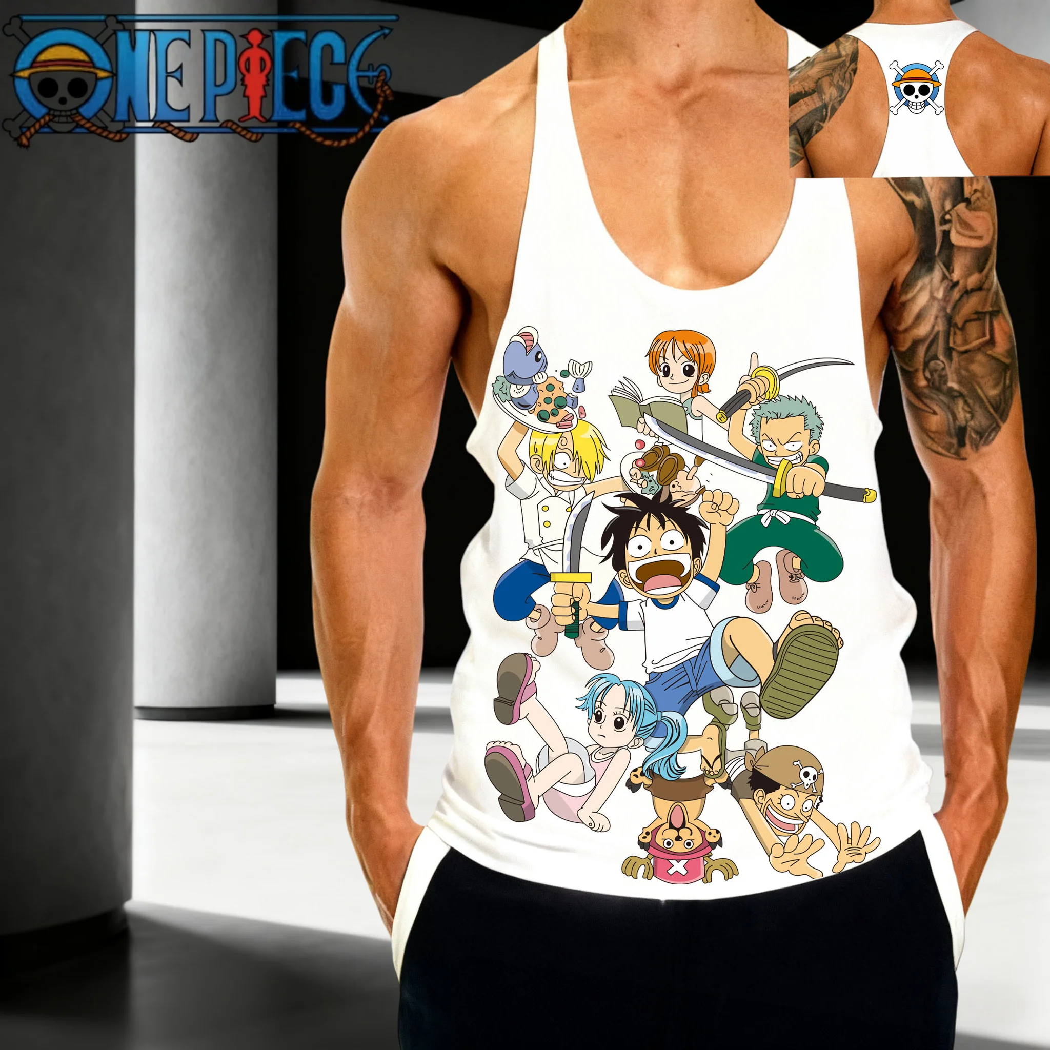 人気アニメ「ワンピース」をテーマにした麦わら帽子海賊団初期メンバー柄2025年夏メンズスポーツコットンノースリーブベスト